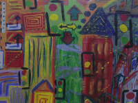 Mixed-Up City by Christine who used acrylic on a wood panel